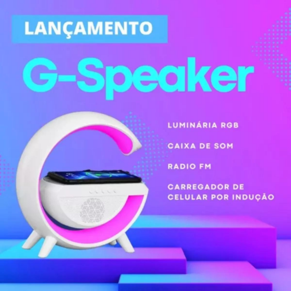 Caixa de Som G-Speaker com Carregador Sem Fio, Bluetooth e Iluminação RGB